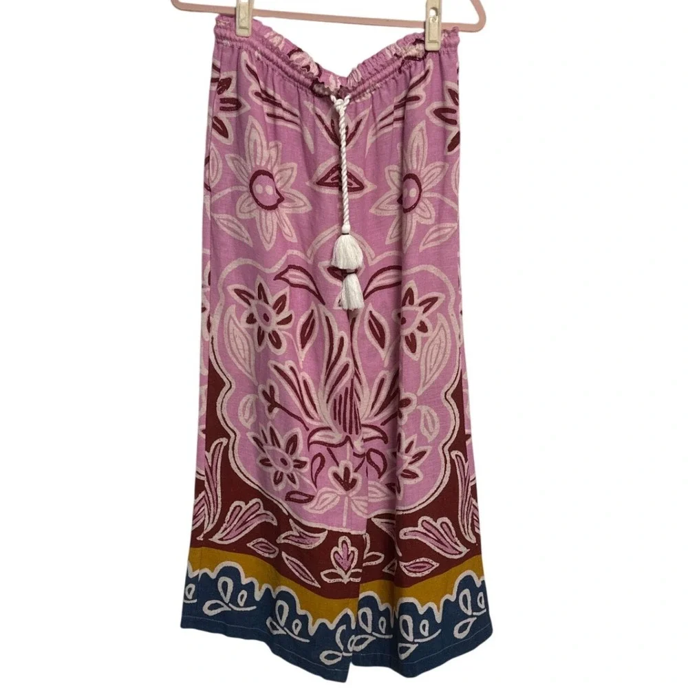 Celandine Pink Floral Woodblock Print Wide Leg Linen Blend Pants Small Boho - Picture 4 of 8